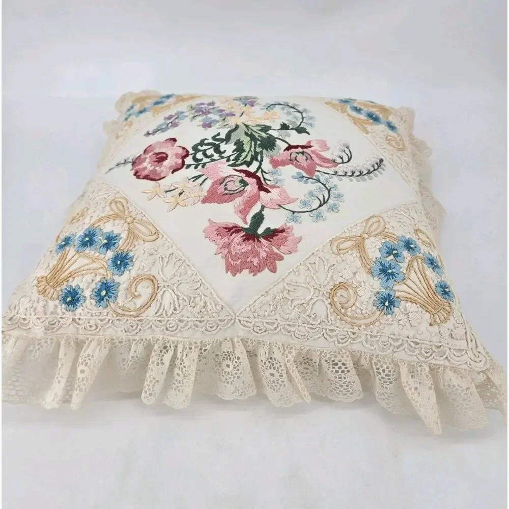 Vintage 90s Grandmacore Embroidered Candmar Designs Victorian Style Throw Pillow